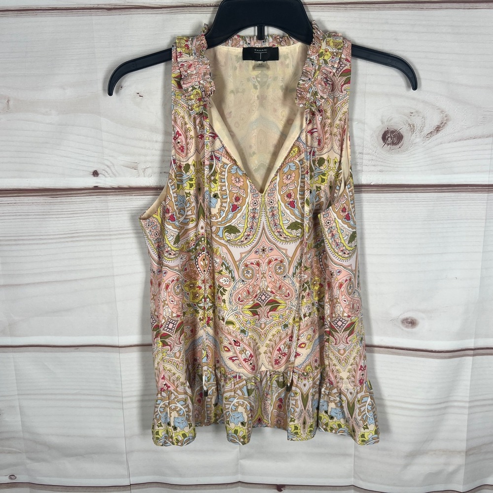 Tahari Pink Paisley Ruffle V-Neck Sleeveless Top